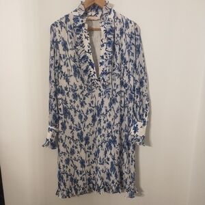 Tory Burch Blue Floral Long Sleeve Dress Size 6 V Front Ruffle Sleeves